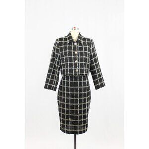 JASON WU Black Blue Boucle Check Cropped Blazer Pencil Skirt Suit Set, Size M